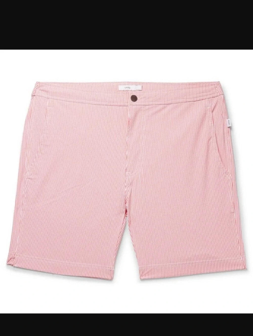 🌁 EUC: ONIA; MENS CALDER, STRIPED STRETCH SEERSUCKER SWIM SHORTS, BRICK/32